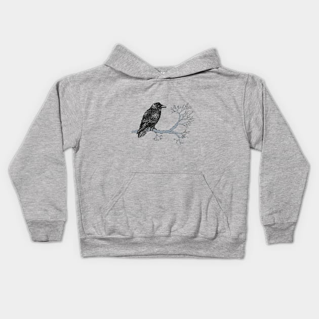 Raven pen drawing Kids Hoodie by Bwiselizzy